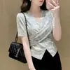 Camisa Elegante y Cómoda de Estilo Francés con Cuello en V y Manga Corta para Mujer, Top de Verano Delgado que Ceñe la Cintura con Abertura