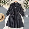 Vestido de Boneca Amplo de Cor Sólida com Design Doce de Comprimento Médio para Primavera e Verão, Mangas Bufantes Plissadas, Estilo Nicho de Cogumelo