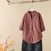 Camisa Japonesa de Gasa de Algodón de Doble Capa de Manga Tres Cuartos para Mujer Verano Retro Literaria Cuello en V Slim Rayas Verticales Top de Algodón Versátil