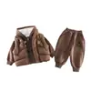 Conjunto espesso de inverno para bebês e crianças pequenas, unissex, quente, casual, para atividades ao ar livre, estilo coreano, colete acolchoado com zíper e moletom com capuz
