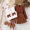 Roupas infantis europeias e americanas transfronteiriças outono e inverno novo suéter de malha canelada de manga comprida colete saia de couro PU terno de três peças para meninas