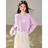 Suéter de punto coreano de otoño para mujer, color rosa, con diseño floral tridimensional calado, corte ajustado, manga larga, en colores morado y blanco