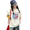 Camiseta de Algodão Puro de Manga Curta para Meninas Novo Top Soltinho de Verão para Crianças Maiores Estilosa Camiseta de Meia Manga Estampada para Crianças