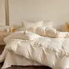 Juego de Ropa de Cama Estilo Princesa Crema Francesa 2026 Nuevo Algodón Lavado Sábana Ajustable Sábana Plana Funda de Edredón Juego de Cama de Tres Piezas