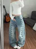 Chao Li tiene stock Lavado retro y desgastado Estilo de corte Doble botonadura Pantalones vaqueros Scimitar para mujer Otoño Nuevo de pierna ancha Largos