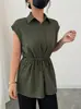 2026 Transfronterizo Europeo y Americano Amazon Moda Holgado con Cinturón de un Solo Botón Color Sólido Cuello Polo Manga Corta para Mujer