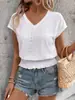 Primavera e Verão 2025 temu Transfronteiriço Novo Europeu e Americano Decote V Jacquard Vazado Manga Curta Camiseta Moda Casual Top para Mulheres