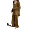 Traje de pantalón de pierna ancha de punto elegante con cuello en V de otoño transfronterizo para mujer, traje informal de dos piezas con estilo y estilo perezoso para otoño e invierno.