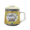 Taza de Cerámica Esmaltada para Oficina con Tapa e Infusor, Taza de Agua con Filtro de Pájaros Florales Chinos de 3 Piezas