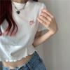 Dulce Sexy Ombliguera Corta Top de Estudiante 2025 Verano Nuevo Manga Corta Bordado Borde Hongo Slim Camiseta para Mujer Trendy