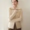 Suave y Amigable con la Piel Estilo Coreano Cremallera Doble Color Sólido Cardigan de Punto Cachemir Abrigo para Mujer Solapa Retro Moda Ropa de Abrigo
