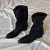 Botas de montar de piel de oveja estilo retro western francés con tacón grueso y punta fina, para mujer, de pierna ancha, adelgazantes, sencillas, de media pantorrilla