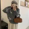 Cardigan de Tricô Estilo Coreano Preguiçoso Filhote Jacquard Gola Redonda Outono e Inverno Novo Jaqueta Suéter Macio e Aconchegante com Laço Estéreo