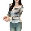 Camiseta de Cuello Redondo Estilo Chanel para Mujer Otoño e Invierno Nueva Transfronteriza Diseño Rayado con Botones Sentido Ajustada Adelgazante Manga Larga