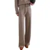 Pantalones de punto de lana pura de pierna ancha con jacquard de espiga hilo dorado y plateado cintura alta para mujer, pantalones rectos casuales holgados, pantalones largos estilo otoño e invierno