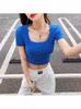 Klein Blue Square Collar Short Top Feminino Verão Slim-fit Slimming Elegante Justo Justo Umbigo exposto T-shirt Base de algodão puro Manga curta