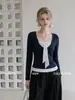 Camiseta de manga larga AUDIST azul marino de dos piezas falsas con lunares y lazo para mujer, top de otoño ajustado que ilumina el cutis