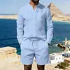 2026 Traje Casual de Lino Estilo Americano Primavera y Verano para Hombre Amazon Holgado de Manga Larga Pantalones Cortos Camisa Traje para Hombre