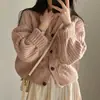 Cardigan suéter jaqueta de tricô com gola V e mangas bufantes, estilo coreano chique, outono, simples e casual, de caimento solto, para mulheres