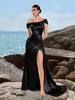 Vestido de Noite Elegante Europeu e Americano Tomara que Caia Plissado Slim Cetim Preto Fenda Alta Emagrecimento Anfitriã Jantar
