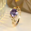 Anillo Redondo Morado Zirconia Hiedra Retro Estilo Bosque Femenino Rama Anillo de Piedra de Color de Cuatro Garras