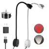 Luz de leitura LED com pescoço de ganso flexível, apresentando foco ajustável e dimerização sensível ao toque, e uma opção de luz vermelha