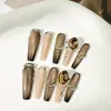 Puntas de Uñas Portátiles Hechas a Mano, Degradado Marrón Nude Ojo de Gato con Pedrería y Diamantes Grandes, Lujo Ligero, Blanqueador, Uso Diario, Uñas Artificiales Terminadas Desmontables