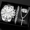Conjunto de 4 Peças de Relógio Masculino Transfronteiriço High-End Mostrador Grande Relógio de Pulso a Quartzo Masculino de Negócios Conjunto de Anel Pulseira Colar