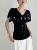 ¡Eleva los hombros y hace que la cabeza se vea más pequeña! Top de Cuello en V con Cintura Plisada y Ceñida, Camiseta Suelta de Verano con Mangas Cortas y Caída para Mujer