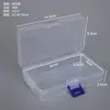 Caja rectangular de plástico transparente con cierre, utilizada para almacenar accesorios de pesca, piezas de ferretería y componentes electrónicos