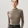 Suéter slim fit 100% lã pura com gola semi-alta para mulheres, nova malha básica de cor sólida com mangas compridas para outono e inverno, elegante suéter para o trabalho