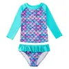 Conjunto de traje de baño de dos piezas para niñas, traje de baño de manga larga con diseño de escamas de pez, adecuado para niños mayores, traje de baño para protección solar en la playa con alta elasticidad Escamas de pez