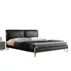 Bauhaus Piel de Vaca Capa Superior Almacenamiento Respaldo Doble Tapicería Suave Cama Doble Minimalista Estructura de Cama de Acero Inoxidable Muebles para Apartamento Hotel