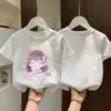Camiseta de Algodão Puro de Manga Curta para Meninas Verão Fina Estampada Top Infantil Soltinho Amigo da Pele Respirável Camiseta Básica