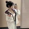 Sudadera Chaqueta de Terciopelo Grueso con Paneles Grises para Estudiante, Mujer, Otoño e Invierno 2025, Nueva, Oversize, con Cremallera, Cárdigan