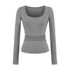 Camiseta Básica Nueva de Otoño Ajustada a la Cintura Alta Elástica Adelgazante Ligera Tencel Lana Estilo Puro Deseo Cuello en U Grande Manga Larga