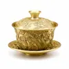 Venta Caliente Juego de Tres Piezas de Latón Gaiwan Nuevo Estilo Chino Sala de Estar Palacio Dragón y Fénix Grabado Tazón de Té Adorno de Escritorio Artesanía