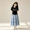 Conjunto de Moda Largo de Verano para Niñas, Moda de Verano Holgado Estilo Princesa Encaje Manga Corta Conjunto de Dos Piezas para Niños Mayores