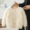 Conjunto de Suéter para Meninas Outono e Inverno Novo Estilo Coreano Menina Bebê Cor Sólida Cardigan Peludo com Contas Calça Tricotada Conjunto de Duas Peças