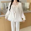 Otoño Nuevo Simple Estilo Coreano Estilo Ins Diseño Plisado Cuello Cuadrado Algodón Nube Mangas Largas Pantalones Conjunto de Ropa para el Hogar