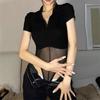 Macacão Sexy Hot Girl Patchwork de Renda com Gola Polo Manga Curta Feminino Outono Novo Slim Fit Versátil Top Tendência