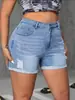 Ropa europea y americana para mujer transfronteriza, nuevos shorts casuales de mezclilla rasgada de moda de verano, shorts con dobladillo enrollado, mezclilla elástica con dobladillo enrollado