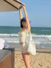 Traje de baño de tres piezas para mujer con cuello halter, manga larga y salida de baño, adelgazante y disimulador, adecuado para vacaciones conservadoras en la playa y aguas termales 9287