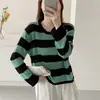 Moda Outono 2025 Versátil Slim Manga Longa Gola Redonda Estilo Coreano Malha Listrada Color Blocking Roupa de Baixo para Mulheres