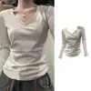 Camiseta de Manga Larga de Color Sólido con Cuello en V y Costillas de Seda de Hielo de Cangrejo Wubili para Mujer, Nuevo Top Ajustado de Primavera y Otoño