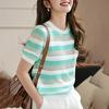 Foto Real! Estoque Disponível! Há Fotos Grandes! Tricô Colorido com Listras Primavera e Verão 2025 Camiseta Feminina Gola Redonda Top com Ombro Direito