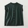 Foto Real da Nova Camisa de Linho e Algodão Lisa de Verão para Mulheres Plus Size, Estilo Artístico Solto com Gola Alta Babada