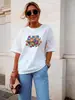 Linda Estampa Floral Branca Estilo Europeu Feminino Nova Moda Menina Urbana Manga Curta Camiseta Camiseta Gráfica Top