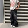 Jeans anchos de calle estilo americano, pantalones de skate rectos de pierna ancha hip-hop con diseño único y bordado, pantalones de longitud sub Y2K para hombres y mujeres