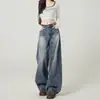 Jeans Azules Vintage de Pierna Ancha para Mujer, Tendencia Otoñal Versátiles Nuevo Diseño de Cintura Alta Caídos Pantalones Scimitar